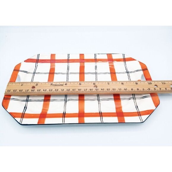 Red Plaid Serving Tray Takito Company Vintage Hand Painted Japan 10.25 In Crazed - Picture 2 of 16